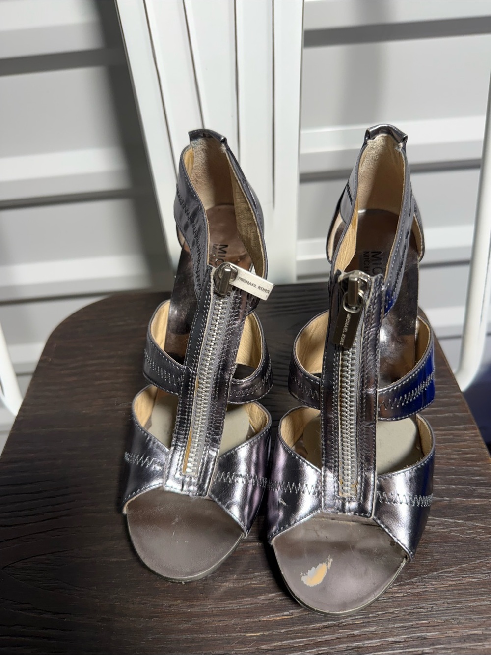 Michael Kors Metallic Pewter Front-Zip Strappy Heels